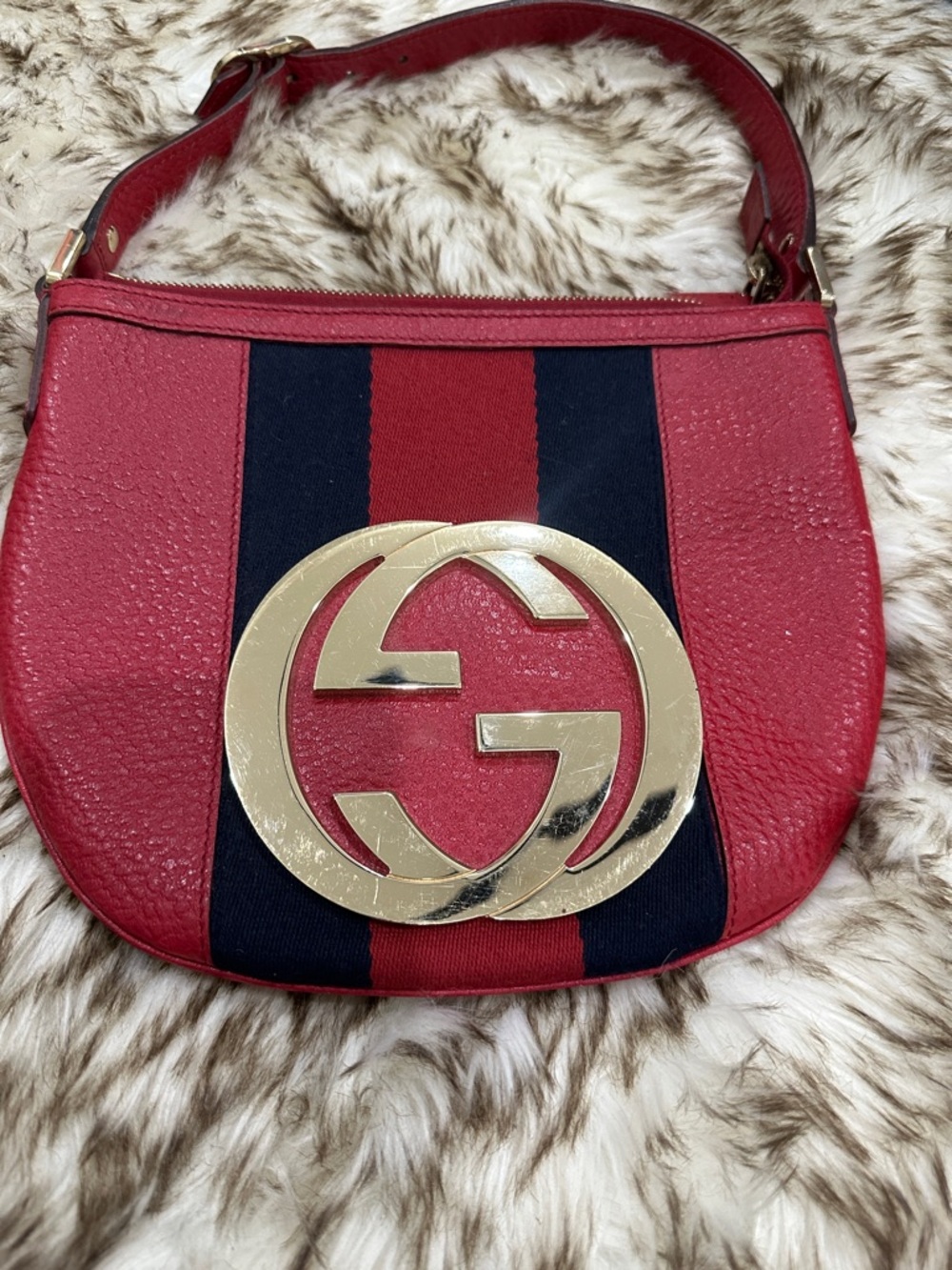 Gucci Red Leather Shoulder Bag with Navy and Red Web Stripe and Gold Double G